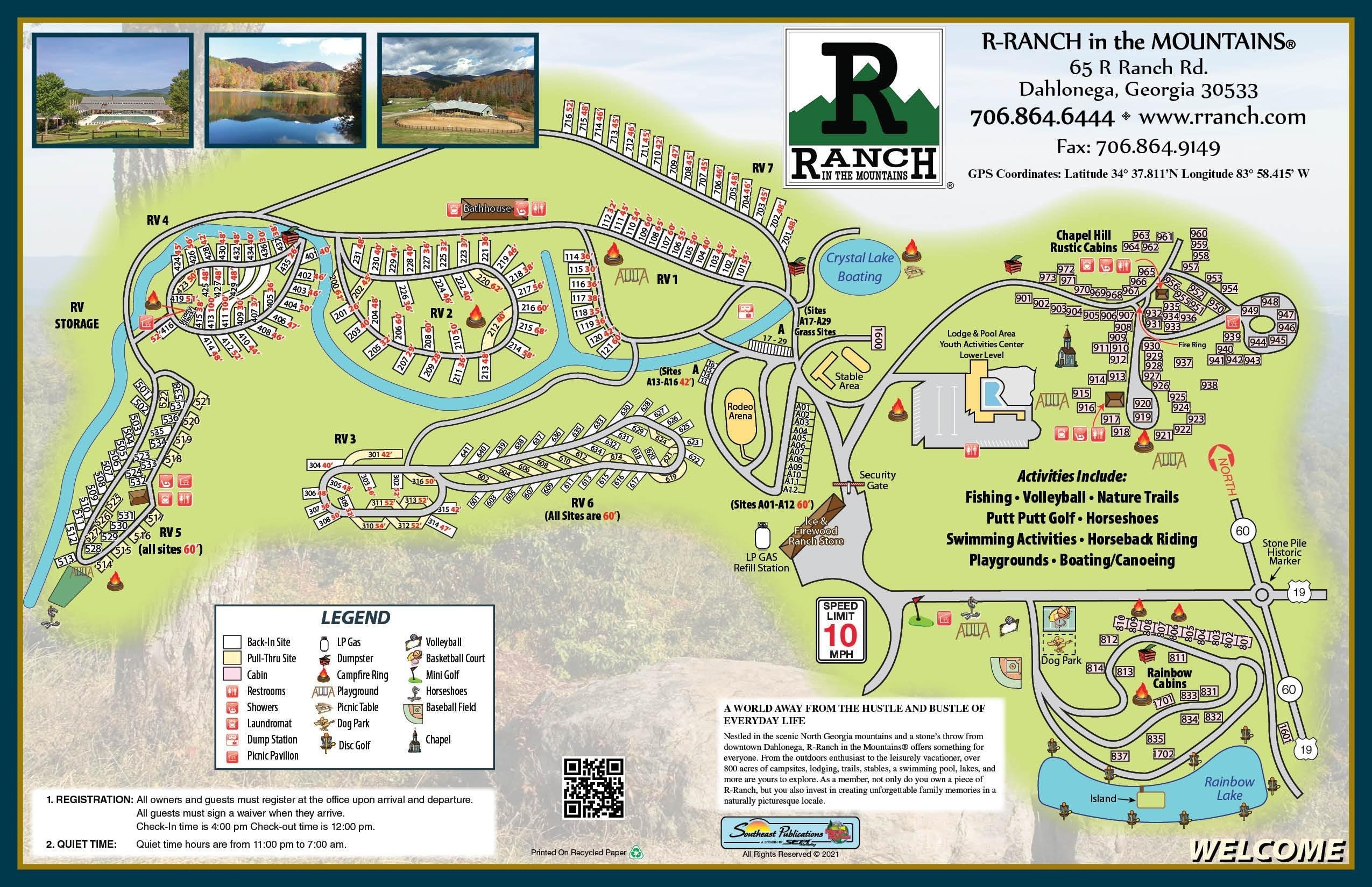 R Ranch in the Mountains property map showing cabins, RV sites, facilities, and activity areas